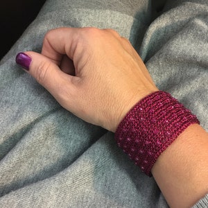 wire crochet cuff bracelet, fuchsia colored with sparkling crystal beads