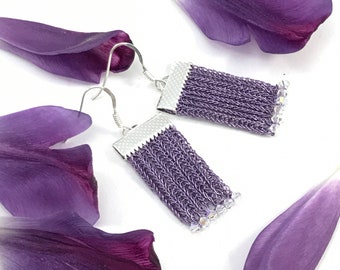 wire crochet purple colored earrings with shimmering crystal beads