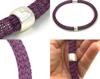 hand made double bicolor wire crochet tube necklace in berry colors with magnetic clasp