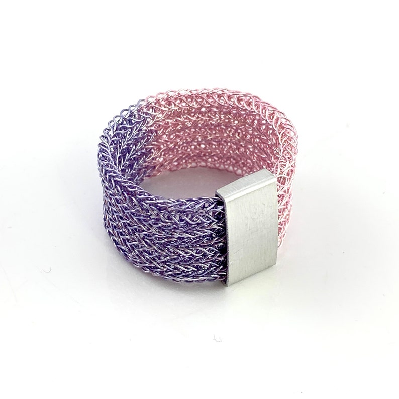 hand made wire crochet BICOLOR RING, colored copper wire with aluminium slider, color choice rosa / lavendel