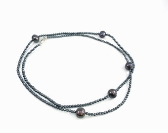 long hematite necklace  with freshwater pearls