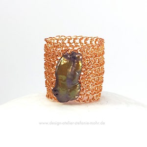 hand made tarnish protected wire crochet RING with freshwater biwa pearl