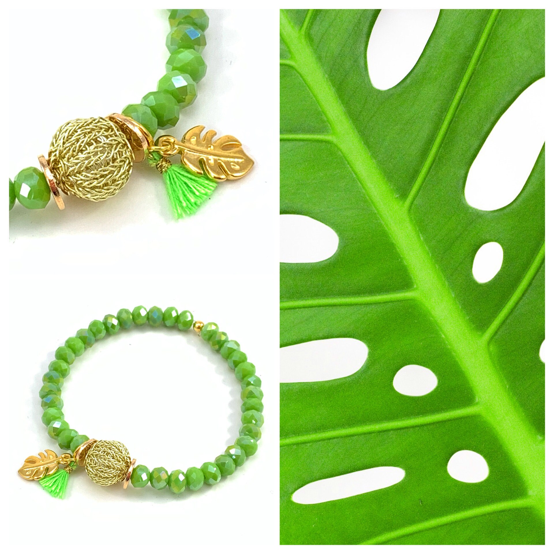 Elastic green crystal bead bracelet with light gold colored Etsy