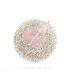 finger knitted silver SUN pendant with rosa quartz Buddha