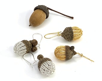 Silver OR gold colored copper wire crochet ACORN earrings