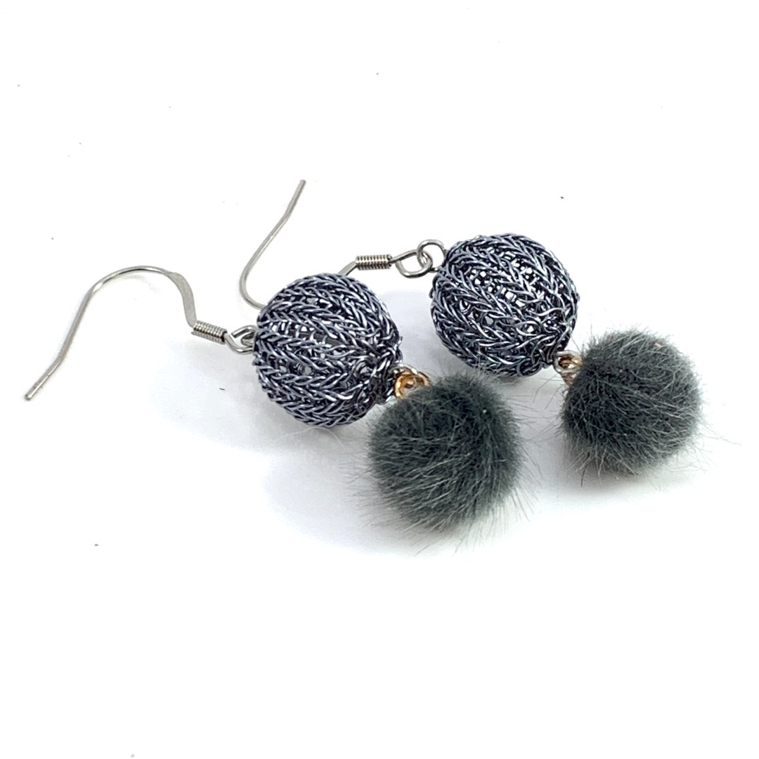 Earrings With Hand Made Double Wire Crochet Graphite Colored Etsy