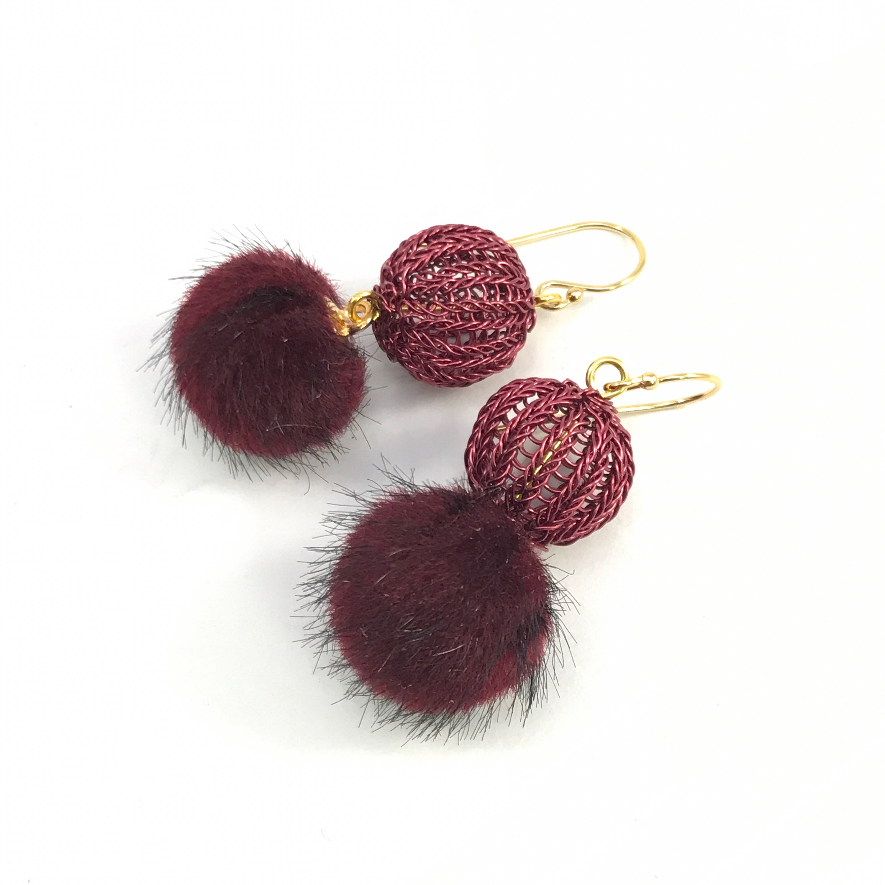Orecchini Pendenti con Doppio Pompon in Finta Pelliccia, Rossi e Neri, Lunghi, per Donna, Gioielli alla Moda