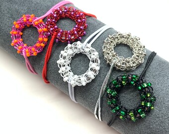 elastic bracelet with wire crochet donut element of colored copper wire with glass beads - color choice