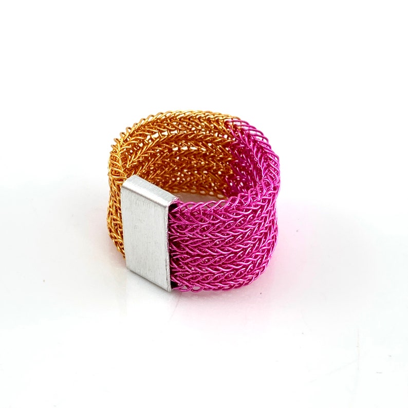 hand made wire crochet BICOLOR RING, colored copper wire with aluminium slider, color choice pink / orange