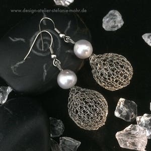 wire crochet stainless steel drop earrings with grey freshwater pearls