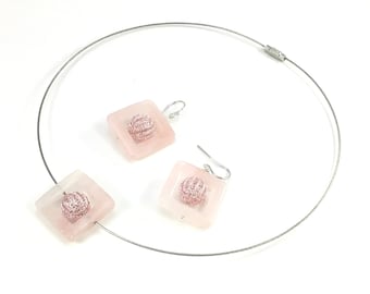 wire crochet rosa quartz square and "BUBBLE" necklace / earrings or set - from