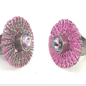 stainless steel changeable ring with 2-sided wire crochet disc, stainless steel and pink colored copper wire, only disc from...