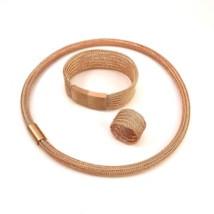 hand made double wire crochet rose gold filled jewelry set, tube necklace, bracelet and ring, as set or single from