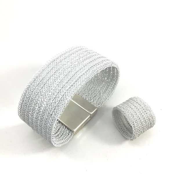 wire crochet cuff bracelet, white copper wire with silver colored magnetic clasp