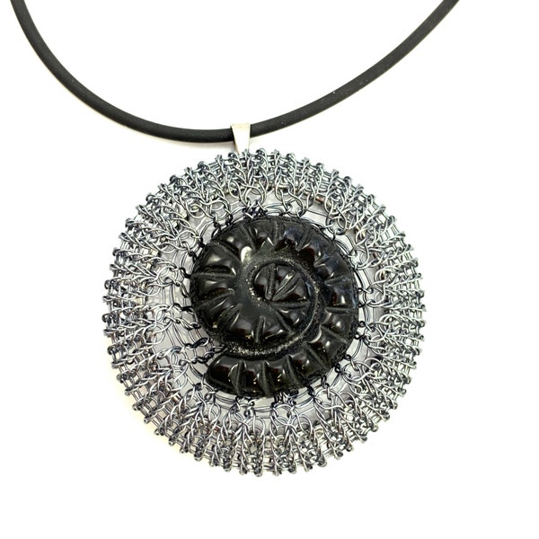 wire crochet PENDANT  with obsidian snail - optional black rubber strap