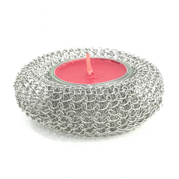 TEA LIGHT HOLDER donut - finger-knitted stainless steel wire for small or big tea light candles