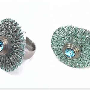 stainless steel changeable ring with 2-sided wire crochet disc, stainless steel and turquoise colored copper wire, only disc from...
