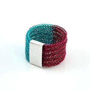 hand made wire crochet BICOLOR RING, colored copper wire with aluminium slider, color choice fuchsia / türkis