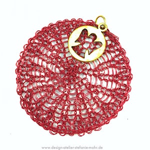 wire crochet CIRCLE pendant red with gold colored angel tag