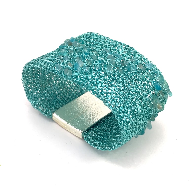 wire crochet cuff bracelet ocean turquoise with apatite chips