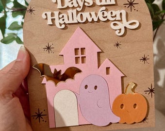 Halloween Countdown Sign, Ghost & Pumpkin, Wooden Table Decor
