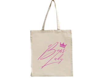 Boss Lady Crown Tiara Pink Font Feminist Gift Bag Unique Funny Reusable Tote Shopping Shoulder Bag Internet Unique Gift Funny Cute