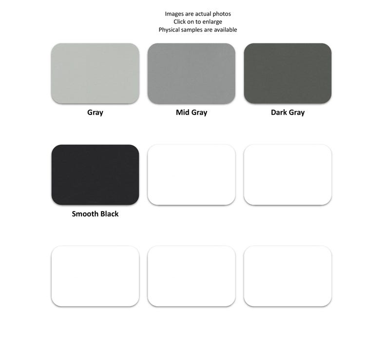 May include: A grid of nine rectangular color swatches featuring various shades. The top row displays gray, mid gray, and dark gray. The second row shows smooth black followed by two white swatches. The bottom row contains three white swatches.