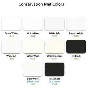 May include: A color chart titled Conservation Mat Colors displaying ten rectangular swatches in various shades of white and black. Each swatch includes a name and a four-digit code, including Super White 9613, White Glove 9500, White Sale 9502, Baker's White 9800, White Art 9802, White Wash 9505, White Elephant 9507, Jet Black 9848, Pure White 9904, and Black Coal 9944.
