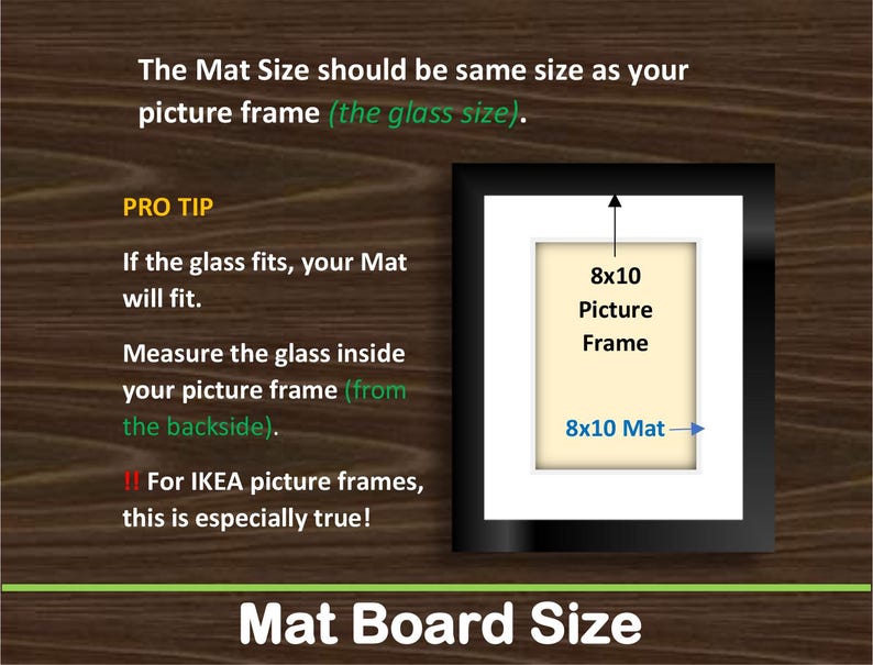 Pode incluir: Um gr&aacute;fico instrutivo intitulado Mat Board Size mostrando uma moldura preta 8x10 com um paspatur branco. O texto diz: The Mat Size should be same size as your picture frame (the glass size). PRO TIP If the glass fits, your Mat will fit.