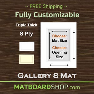 May include: A white matboard with a rectangular opening, labeled "Choose: Mat Size" and "Choose: Opening Size." The text "Fully Customizable," "Triple Thick," and "8 Ply" are also visible. The website MATBOARDSHOP.com is displayed.
