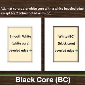 Puede incluir: Dos paspart&uacute;s rectangulares con aberturas centrales. El de la izquierda es blanco con un borde biselado blanco etiquetado como Smooth White (white core). El de la derecha es blanco con un borde biselado negro etiquetado como White (BC) (black core). El texto indica que todos los paspart&uacute;s tienen n&uacute;cleo blanco excepto los marcados con (BC).