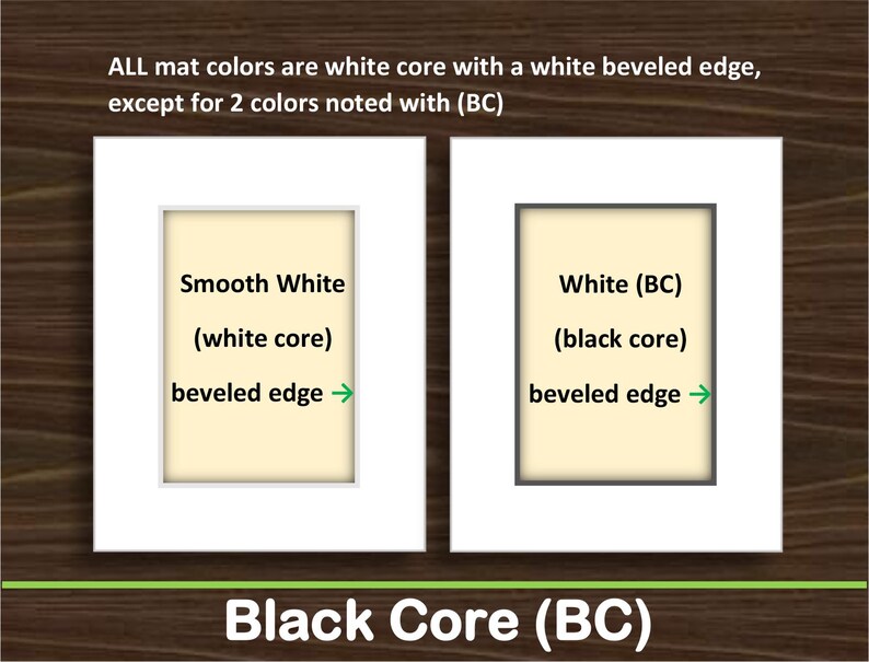 Puede incluir: Dos paspart&uacute;s rectangulares con aberturas centrales. El de la izquierda es blanco con un borde biselado blanco etiquetado como Smooth White (white core). El de la derecha es blanco con un borde biselado negro etiquetado como White (BC) (black core). El texto indica que todos los paspart&uacute;s tienen n&uacute;cleo blanco excepto los marcados con (BC).