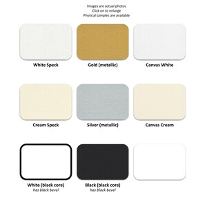 Puede incluir: Una cuadr&iacute;cula de ocho muestras de material rectangulares con varios acabados y colores: White Speck, Gold metallic, Canvas White, Cream Speck, Silver metallic, Canvas Cream, White with a black core y Black with a black core.
