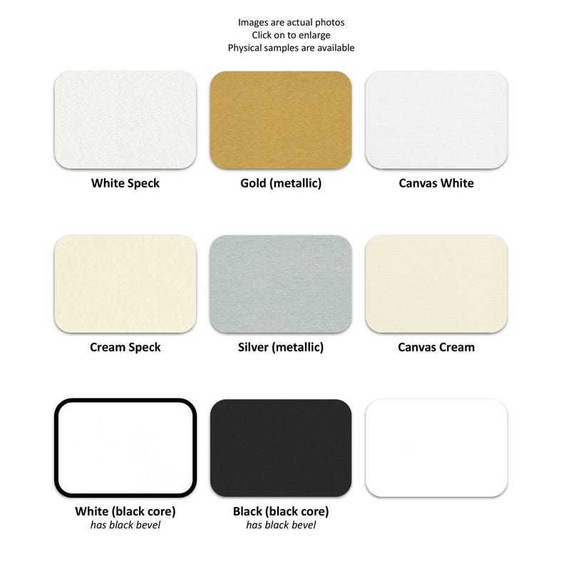 Puede incluir: Una cuadr&iacute;cula de ocho muestras de material rectangulares con varios acabados y colores: White Speck, Gold metallic, Canvas White, Cream Speck, Silver metallic, Canvas Cream, White with a black core y Black with a black core.