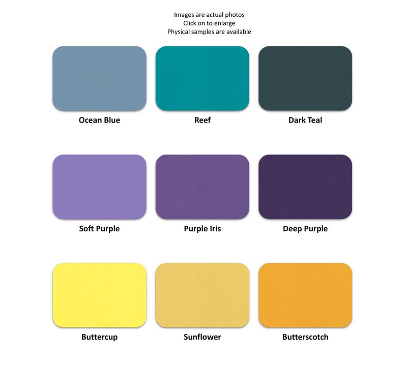 Pu&ograve; includere: Nove campioni di colore in rettangoli arrotondati, che mostrano tonalit&agrave; di blu, verde acqua, viola e giallo. Ogni campione ha un nome: Blu Oceano, Reef, Verde Scuro, Viola Chiaro, Iris Viola, Viola Scuro, Ranuncolo, Girasole e Butterscotch. Testo: Le immagini sono foto reali.
