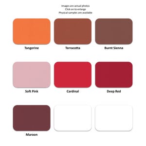 May include: A color chart featuring eight rectangular swatches labeled Tangerine, Terracotta, Burnt Sienna, Soft Pink, Cardinal, Deep Red, Maroon, and two unlabeled white rectangles. The grid displays various shades of orange, red, pink, and brown.