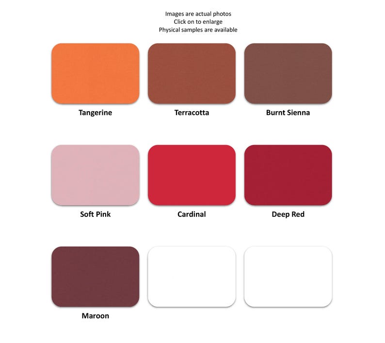 May include: A color chart featuring eight rectangular swatches labeled Tangerine, Terracotta, Burnt Sienna, Soft Pink, Cardinal, Deep Red, Maroon, and two unlabeled white rectangles. The grid displays various shades of orange, red, pink, and brown.