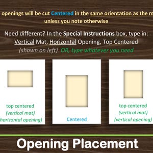 K&ouml;nnte beinhalten: Drei wei&szlig;e rechteckige Passepartouts mit cremefarbenen Ausschnitten. Der Text erkl&auml;rt die Platzierung der Ausschnitte: All openings will be cut Centered in the same orientation as the mat unless you note otherwise. Need different? In the Special Instructions box, type in: Vertical Mat, Horizontal Opening, Top Centered (shown on left) OR, type whatever you need.