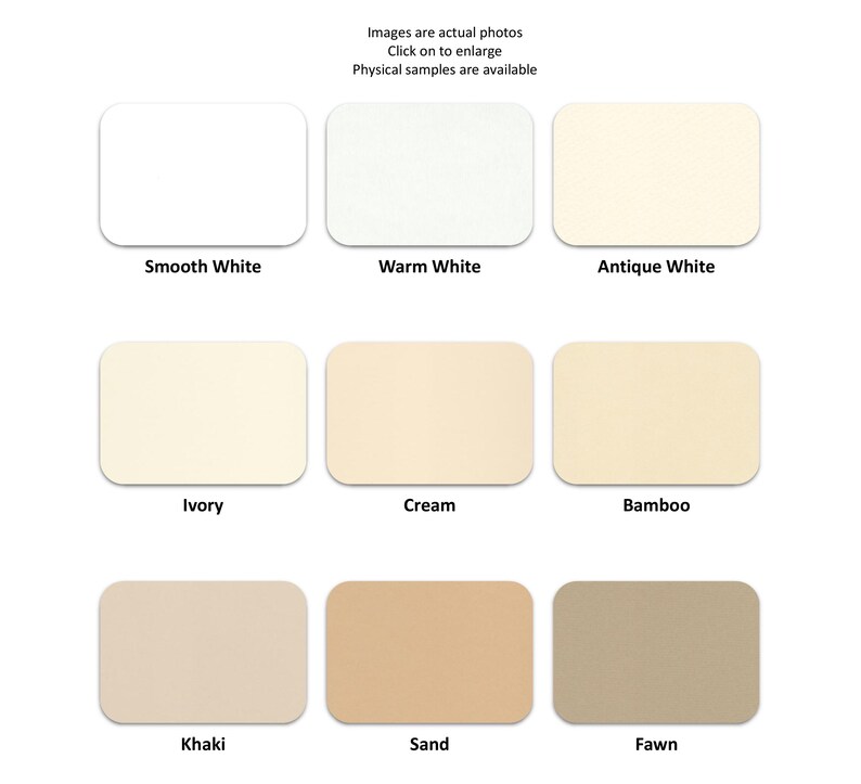 Pu&ograve; includere: Una collezione di nove campioni di colore rettangolari con angoli arrotondati, che mostrano varie tonalit&agrave; di bianco, crema e beige. I campioni sono etichettati con i rispettivi nomi, tra cui "Bianco liscio", "Bianco caldo" e "Bianco antico".