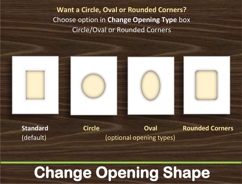 K&ouml;nnte beinhalten: Vier wei&szlig;e rechteckige Passepartouts mit verschiedenen Ausschnitten: Standard-Rechteck, Kreis, Oval und abgerundete Ecken. Der Text lautet: Want a Circle, Oval or Rounded Corners? Choose option in Change Opening Type box. Change Opening Shape.
