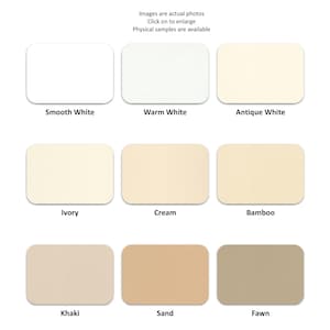 May include: A color palette chart featuring nine rectangular swatches arranged in three rows. The colors are labeled Smooth White, Warm White, Antique White, Ivory, Cream, Bamboo, Khaki, Sand, and Fawn, displaying various neutral shades.