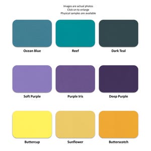 Puede incluir: Una cuadr&iacute;cula de nueve muestras de color rectangulares etiquetadas como Ocean Blue, Reef, Dark Teal, Soft Purple, Purple Iris, Deep Purple, Buttercup, Sunflower y Butterscotch. Cada muestra presenta un color s&oacute;lido con esquinas redondeadas.
