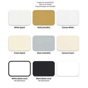 Pode incluir: Uma grade de oito amostras de material retangulares com v&aacute;rios acabamentos e cores: White Speck, Gold metallic, Canvas White, Cream Speck, Silver metallic, Canvas Cream, White with a black core e Black with a black core.