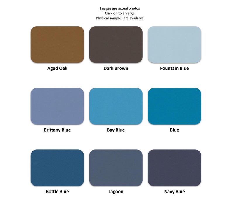 Pode incluir: Uma grade de nove amostras de cor retangulares rotuladas como Aged Oak, Dark Brown, Fountain Blue, Brittany Blue, Bay Blue, Blue, Bottle Blue, Lagoon e Navy Blue. Cada amostra exibe uma cor s&oacute;lida com cantos arredondados em fundo branco.