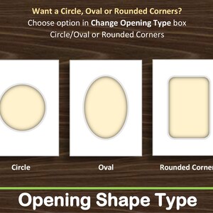 Pu&ograve; includere: Immagine di tre passe-partout bianchi con aperture di forme diverse: cerchio, ovale e angoli arrotondati. Il testo recita: "Vuoi un cerchio, un ovale o angoli arrotondati?" e "Scegli l'opzione nella casella Cambia tipo di apertura."