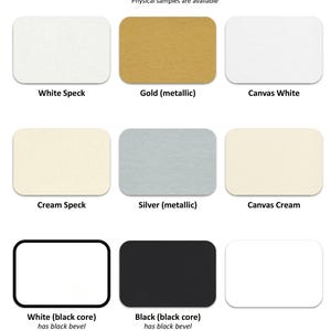 May include: A grid of nine rectangular material swatches labeled White Speck, Gold metallic, Canvas White, Cream Speck, Silver metallic, Canvas Cream, White with black core, Black with black core, and a plain white rectangle.