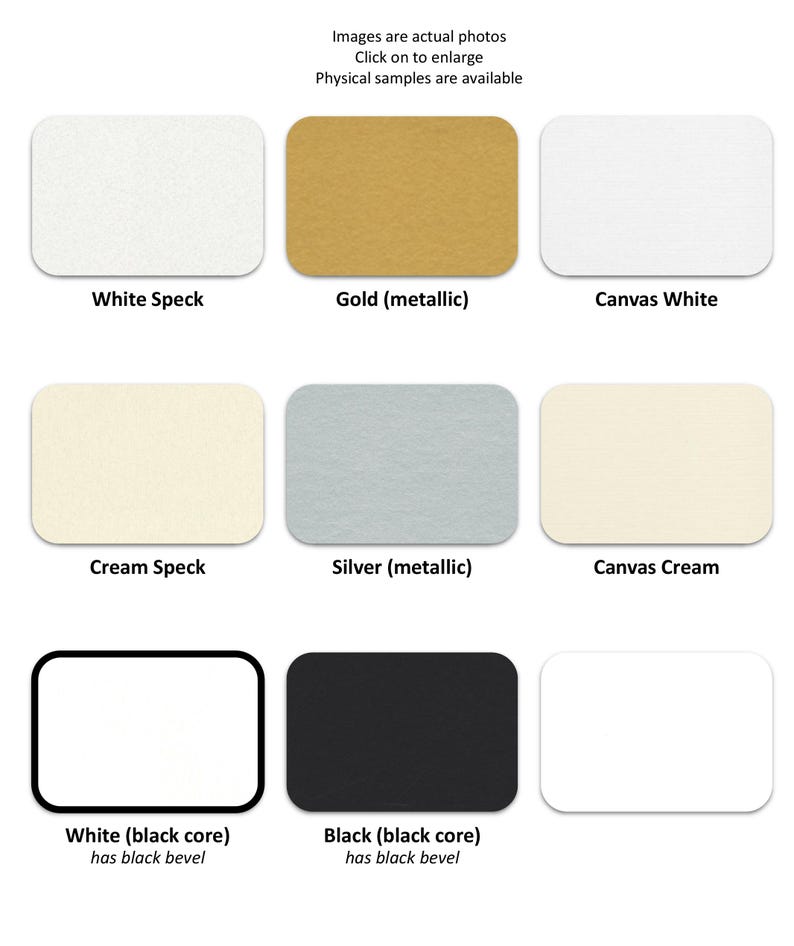 May include: A grid of nine rectangular material swatches labeled White Speck, Gold metallic, Canvas White, Cream Speck, Silver metallic, Canvas Cream, White with black core, Black with black core, and a plain white rectangle.