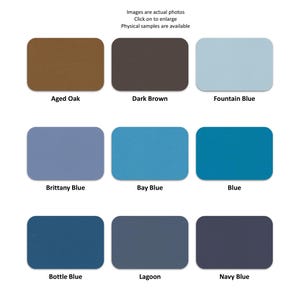 May include: A color palette chart featuring nine rectangular swatches labeled Aged Oak, Dark Brown, Fountain Blue, Brittany Blue, Bay Blue, Blue, Bottle Blue, Lagoon, and Navy Blue. The text at the top reads Images are actual photos.
