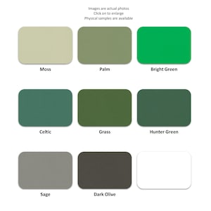 May include: A color palette chart featuring nine rectangular swatches arranged in three rows. The colors are labeled Moss, Palm, Bright Green, Celtic, Grass, Hunter Green, Sage, Dark Olive, and a final white swatch. Each swatch has rounded corners.