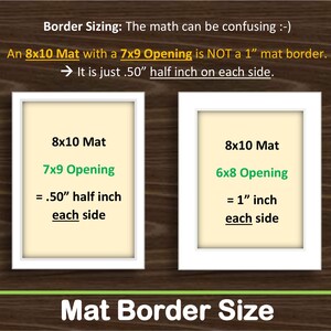 Puede incluir: Un gr&aacute;fico informativo que explica el tama&ntilde;o del borde del paspart&uacute; con dos marcos rectangulares blancos que contienen paspart&uacute;s de color crema. El texto dice: Border Sizing: The math can be confusing. An 8x10 Mat with a 7x9 Opening is NOT a 1 inch mat border. It is just .50 inch half inch on each side.